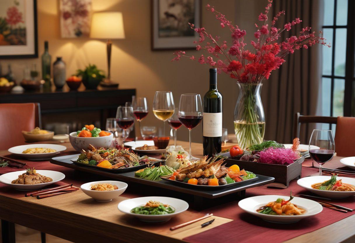 A beautifully arranged dining table showcasing an array of Asian dishes, artfully paired with elegant wine glasses filled with colorful wines. Include vibrant elements like chopsticks, delicate floral centerpieces, and a warm ambiance. The background features soft, ambient lighting to create a joyful atmosphere. super-realistic. vibrant colors. 3D.
