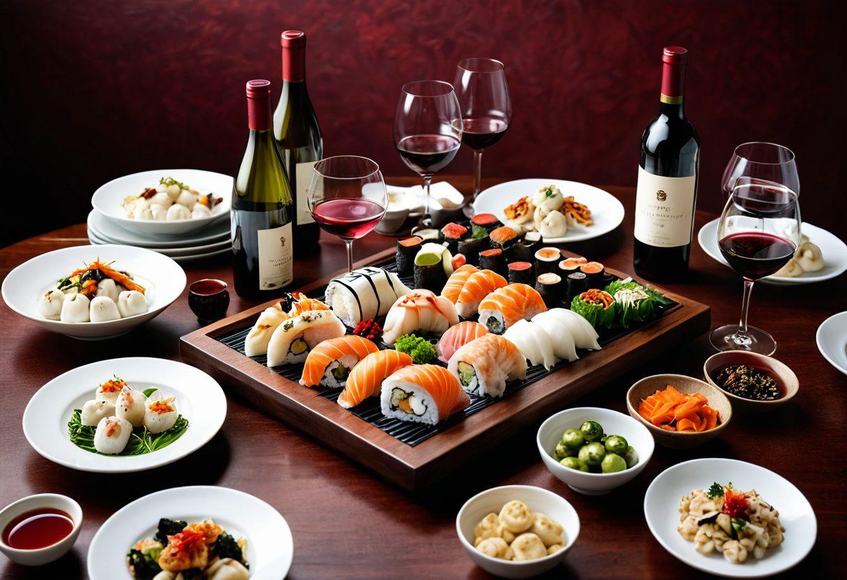 A beautifully arranged table featuring an array of Asian dishes including sushi, dumplings, and stir-fry, paired with a selection of exquisite wine bottles. There should be subtle floral decorations and elegant wine glasses filled with vibrant red and white wines. Soft, warm lighting creates an inviting atmosphere, emphasizing the fusion of flavors between food and wine. The background hints at a cozy kitchen setting. super-realistic. vibrant colors. warm lighting.