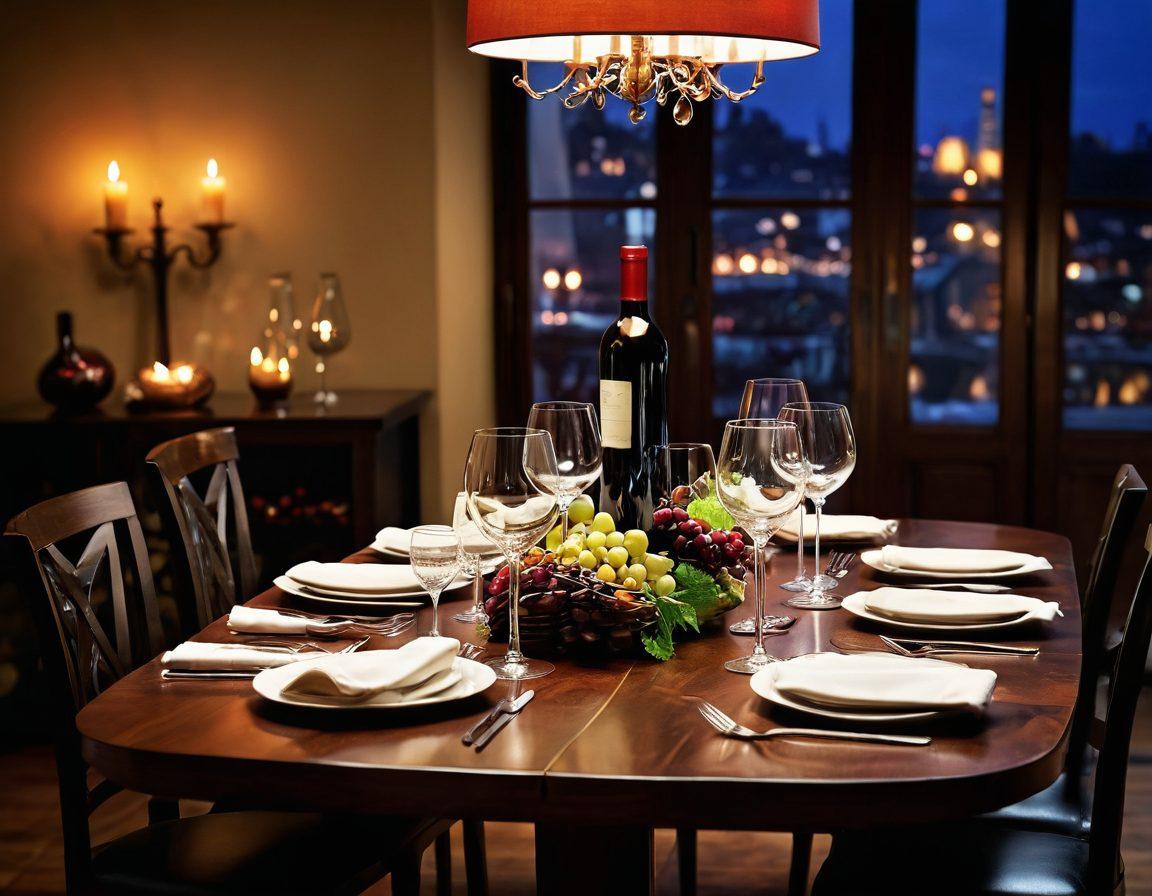 A beautifully set dining table featuring an array of exquisite wine glasses filled with various wines, elegantly paired with gourmet dishes that showcase vibrant colors and textures. Add soft candlelight illuminating the scene to create a warm, inviting atmosphere. Include subtle background elements like a rustic wine rack and fresh ingredients to elevate the culinary theme. The overall mood should evoke sophistication and the joy of fine dining. super-realistic. vibrant colors. soft focus.